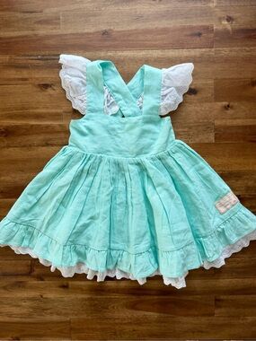 NEW SweetHoney Girls Mint Green Ruffled Pinafore Dress 4T Eyelet Lace Sleeveless
